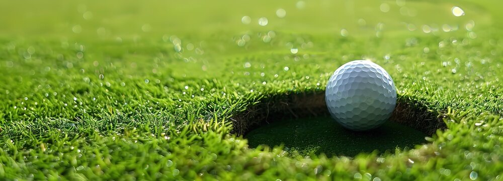 A white golf ball sitting over a hole in the green grass