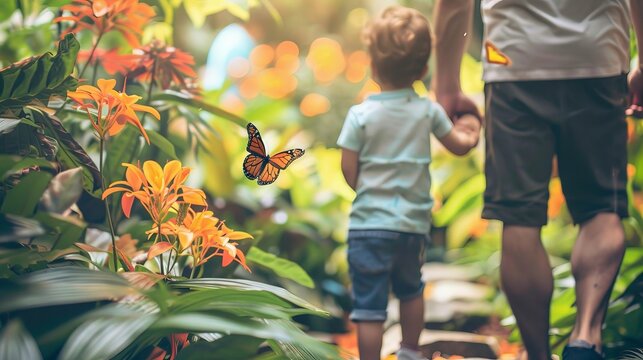 Father and son holding hands walking in a lush garden filled with flowers and butterflies.