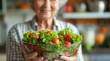 Elderly woman holding a bowl of fresh green salad with cherry tomatoes, smiling in the background. Healthy homemade food concept in a cozy kitchen.