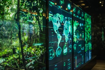 An advanced environmental impact monitoring system visualizing data on holographic displays to track realtime ecological changes