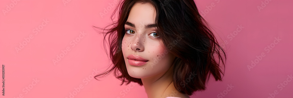 Poster young attractive woman on a pink background portrait studio. Creative banner. Copyspace image