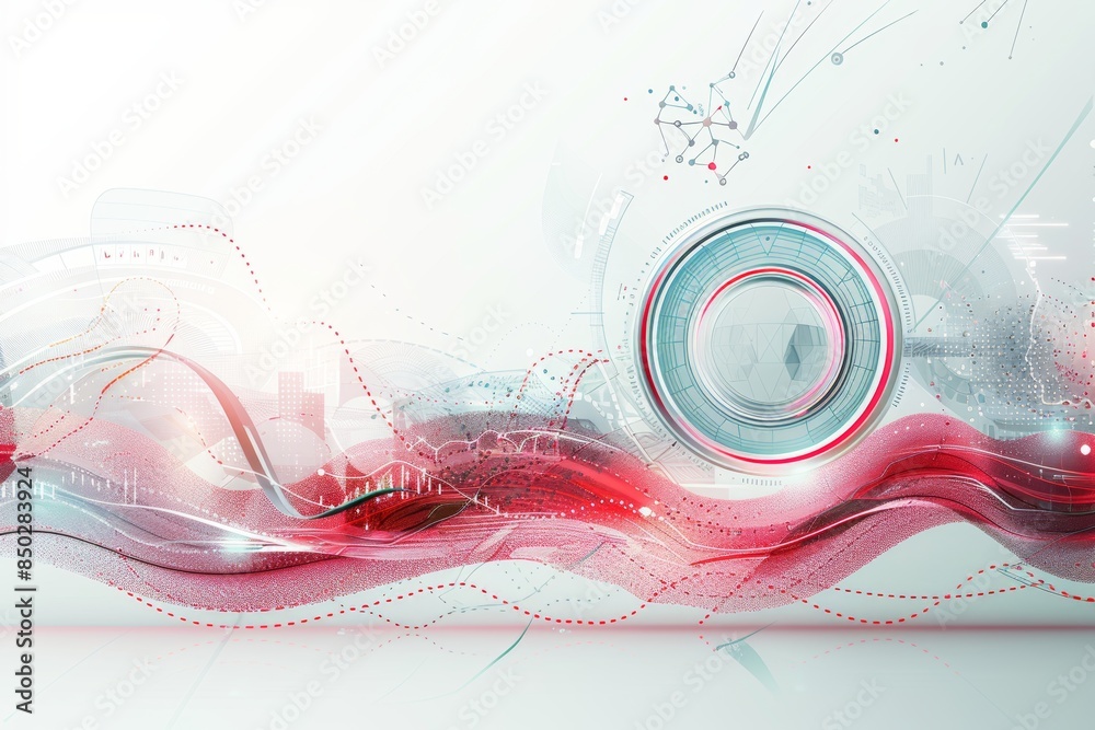 Poster Abstract digital design with flowing red waves, representing futuristic technology and dynamic data visualization in a modern, high-tech style, Generative AI