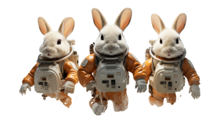 Three White Rabbits in Space Suits Floating in White Space
