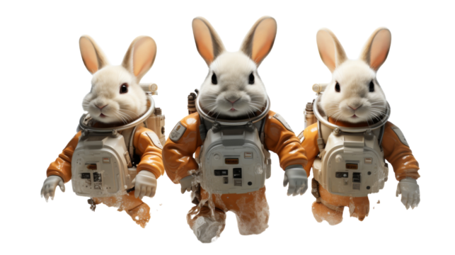 Three White Rabbits in Space Suits Floating in White Space