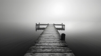 Fototapeta premium Foggy wooden pier stretches out towards the calm ocean at sunrise