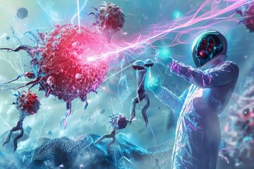 Conceptual illustrations depict a hightech doctor using nanotechnology to deliver targeted treatments directly to affected cells, minimizing side effects