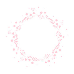 A frame of plants and flowers, plain pink. On an isolated white background