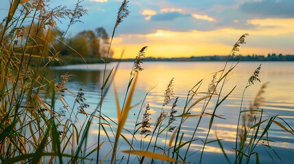 Reeds on the shore of the lake at sunset Beautiful autumn landscape Abstract nature background Shalow depth of field : Generative AI