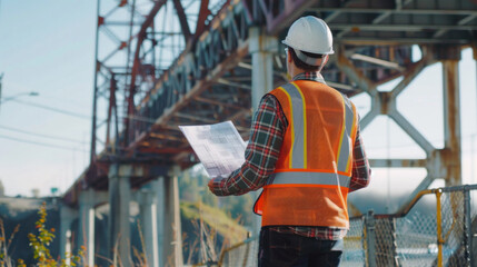 Fototapeta premium A professional civil engineer holding a project plan, inspecting a bridge while wearing a safety helmet.