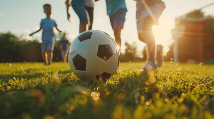 Kids playing soccer in the park. The sun is setting and the sky is orange.
