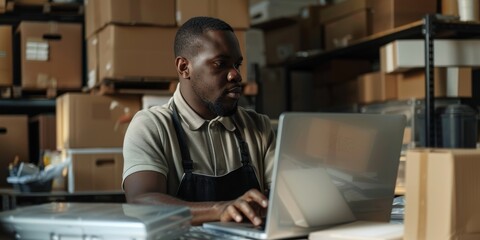 Businessman concentrates on email. The young fashion designer uses his laptop. Entrepreneur designing in his workshop. Black tailor orders stock online (computer)