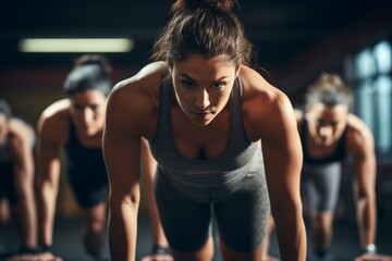 Fototapeta premium Closeup of varied gym-trained people doing bodyweight push-ups. Press-ups and plank holds help athletes improve muscle, upper body strength, core strength, and fitness class endurance.