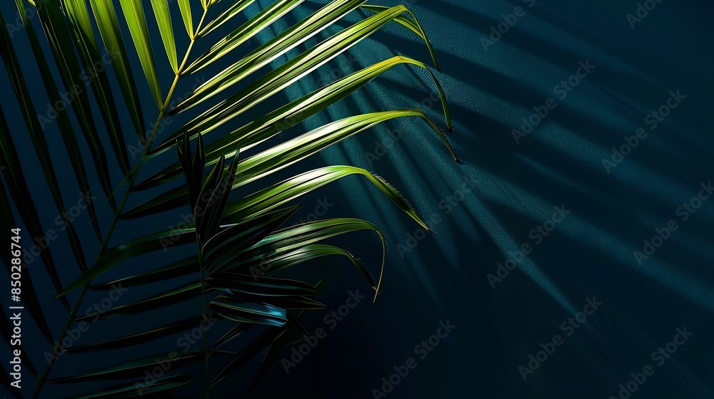Poster light and shadow on palm leaf dark blue nature background : generative ai