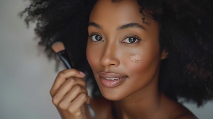 Obraz premium Beauty, product, foundation, shade, and glamour closeup of makeup, face, and woman in studio. Portrait, base, and skincare by joyful, smiling black woman passionate about contouring
