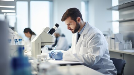The serious young mixed-race guy medical scientist uses a microscope to inspect and analyze slide test samples at a desk. Healthcare professional Hispanic finds and analyzes disease cures in lab