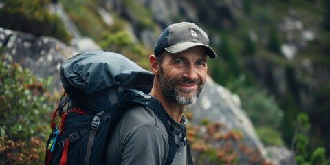 Daytime backpacking in the mountains with a beard, happy Caucasian dude. Healthy man jogging and discovering nature smiles. Actively exploring