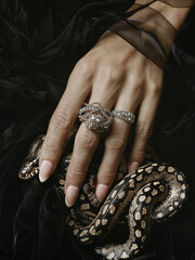 A woman's hand with a beautiful manicure and painted nails holds a snake on a black background. Hand with a snake in beauty editorial style