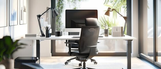 In a minimalist office, the workspace is free from excess decor, featuring a simple desk, ergonomic chair, and essential technology for a focused atmosphere