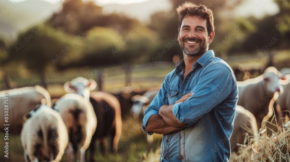 Wall mural Farmer, image, or arms crossed on livestock agricultural, sustainability, or nature land in vision, hope, or concepts. Happy, confident people and sheep life insurance