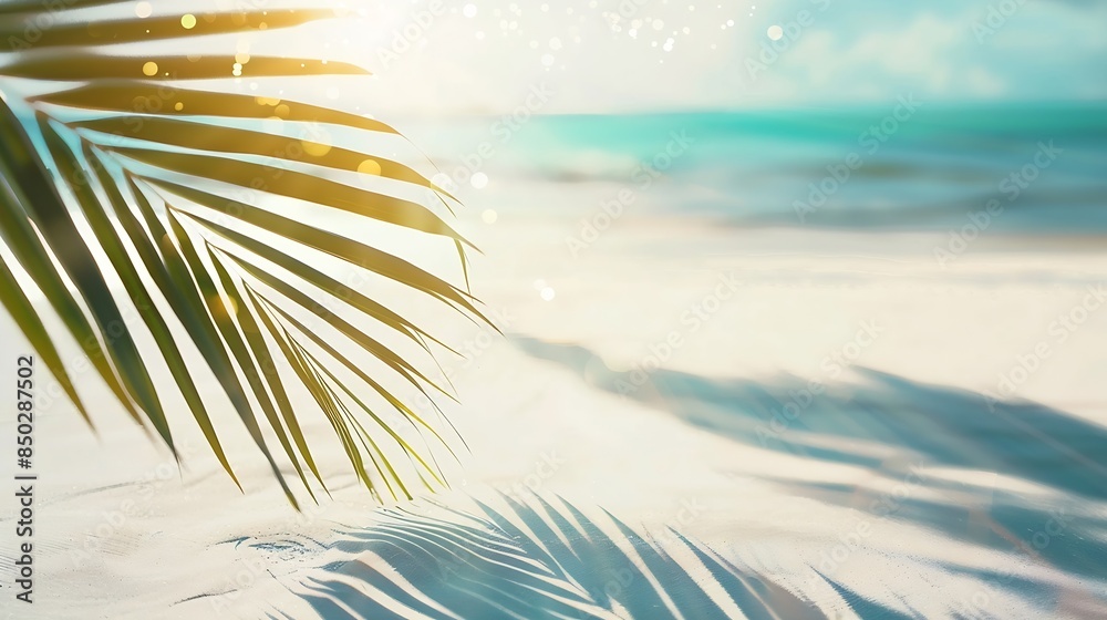 Aufkleber palm leaf shadow on abstract white sand beach background sun lights on water surface beautiful abstr