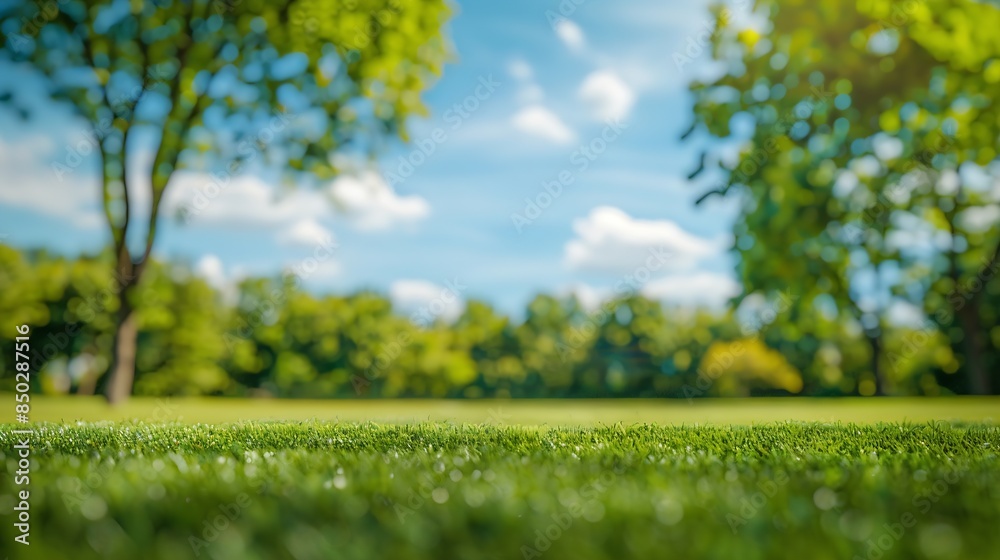 Poster Beautiful blurred background image of spring nature with a neatly trimmed lawn surrounded by trees against a blue sky with clouds on a bright sunny day : Generative AI