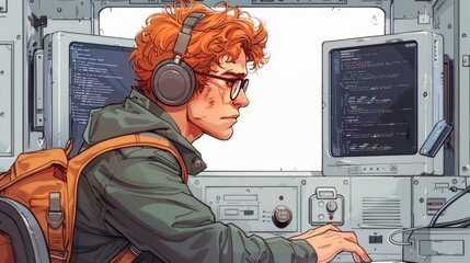 A man in a green jacket and headphones is sitting at a computer, possibly working on a project or listening to music. He is wearing glasses and appears to be focused on his task.