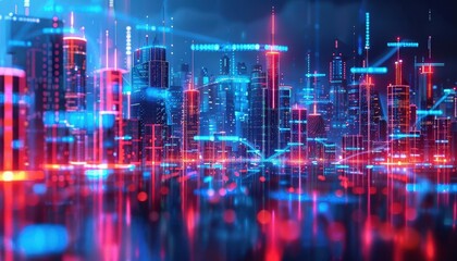 A futuristic cityscape with interconnected buildings through glowing wireless networks, Futuristic, Neon, Digital Art, high-tech and vibrant