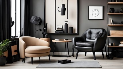 Commode, wooden stool, book, decoration, loft wall, design armchair, black mock-up poster frame, and personal items in a stylish, modern living room arrangement.