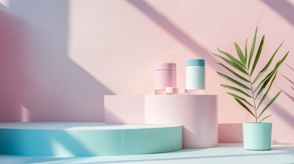 cosmetic forms on a pastel-colored exhibition