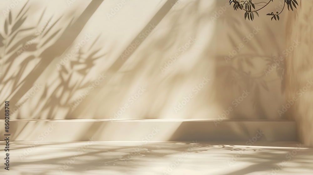 Poster Minimalistic abstract gentle light beige background for product presentation with light andand intricate shadow from the window and vegetation on wall : Generative AI