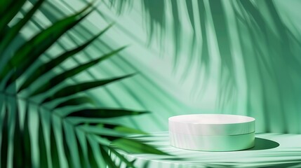 Abstract green background with shadow of palm leaves for the presentation of a cosmetic product A scene with a geometric backdrop Podium for product promotion beauty natural eco cosmet : Generative AI