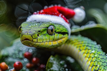 Bright green tree snake with a Santa hat on its head as a symbol of the new year 2025 according to the Chinese horoscope