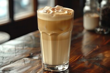 Tall glass with cold coffee, milk, ice, and cinnamon, perfect for cooling down on a summer day.

