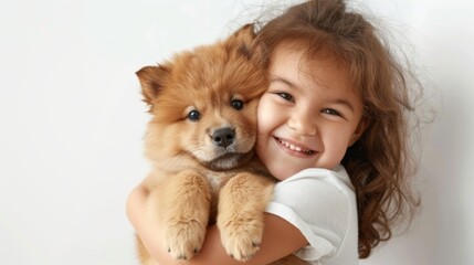 Smiling Child Hugging Fluffy Puppy for Pet Adoption and Family Marketing Campaigns
