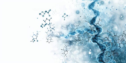 Light blue background with white DNA strands and chemical formulae of amino acids, isolated on a pastel backdrop, depicting AI's internal biology