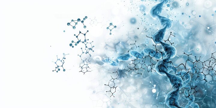 Light blue background with white DNA strands and chemical formulae of amino acids, isolated on a pastel backdrop, depicting AI's internal biology