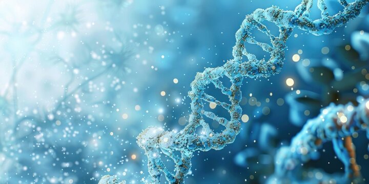 Pastel background featuring a light blue color scheme with white DNA strands and chemical formulae of amino acids, inspired by AI's internal biology