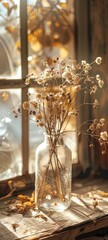 Sunlit Vintage Glass Vase with Dried Flowers by Window