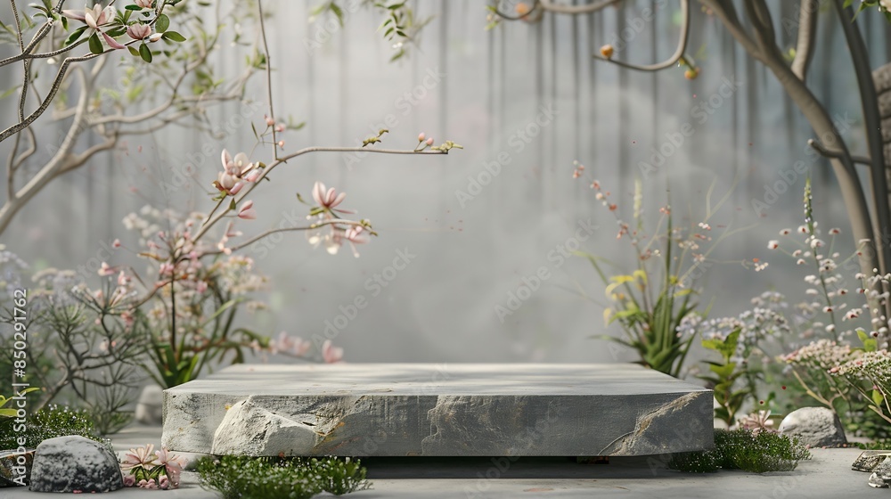 Poster Front view of the stone podium showcases products in a garden with flowers plants and branches Empty platform : Generative AI