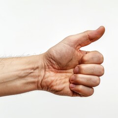 A close-up of a male hand making a thumb up gesture, signaling approval or agreement on a white backdrop