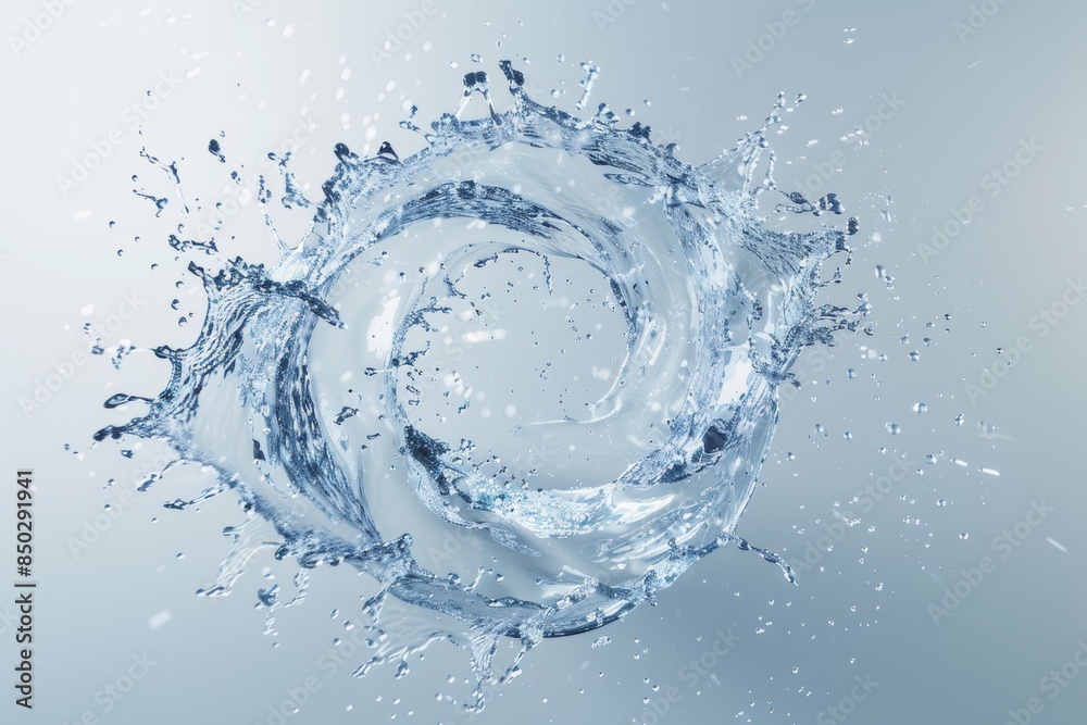 Poster dynamic water splash forming a circular shape, showcasing the purity, motion, and refreshing energy 
