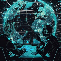 Global communication, holographic interfaces, virtual meetings, seamless connectivity, digital globalization, (digital ink)