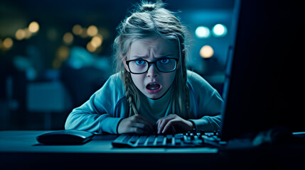 A girl with a disgruntled expression frowning sits at a table near a computer, cold light illuminates her face, gloomy atmosphere. Difficulties in studying. Difficult homework. Naughty child.