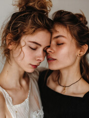 Two young women kiss. The theme of free love and LGBT in fashion editorial style. Models in fashionable trendy clothes. Woman's kiss