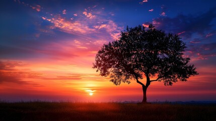 Fototapeta premium Tree silhouette against a stunning sunset backdrop, rich colors, ideal for digital backgrounds, spacious copyspace