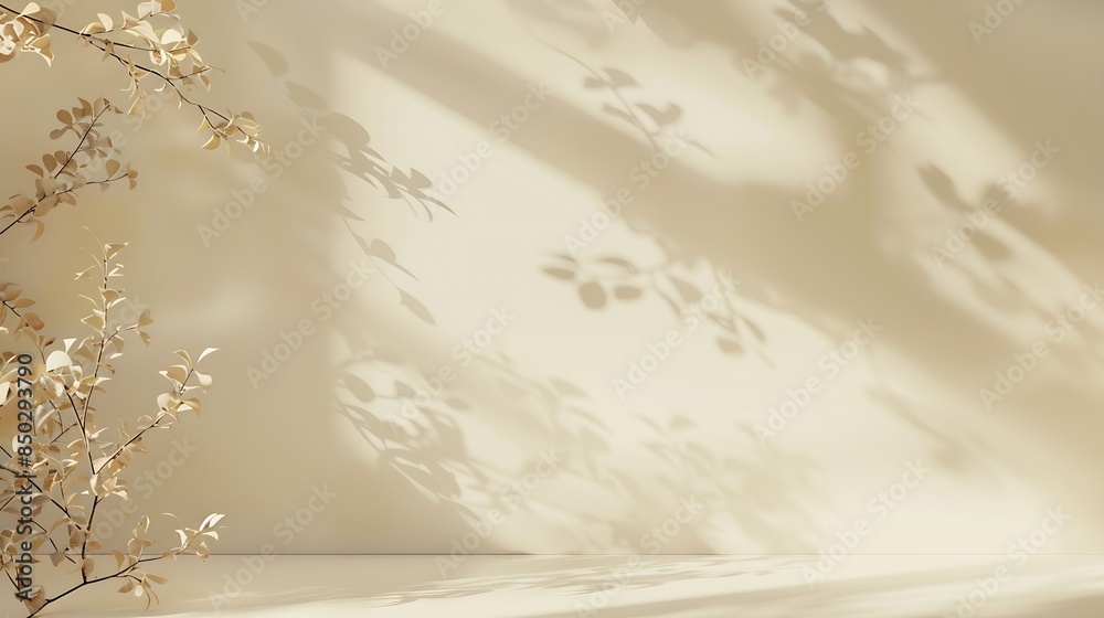 Poster Minimalistic abstract gentle light beige background for product presentation with light andand intricate shadow from the window and vegetation on wall : Generative AI