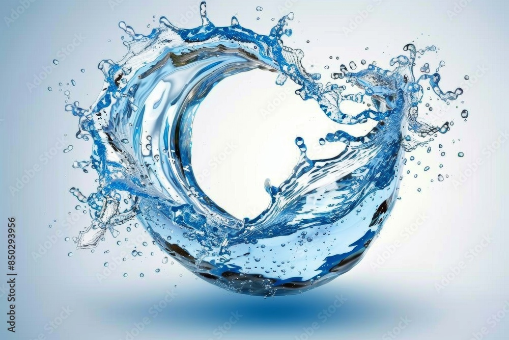 Poster dynamic water splash forming a circular shape, showcasing the purity, motion, and refreshing energy 