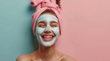 Laughing young woman with a facial mask. concept spa massage ads for designer