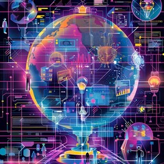 Global communication, holographic interfaces, virtual meetings, seamless connectivity, digital globalization, (digital ink)