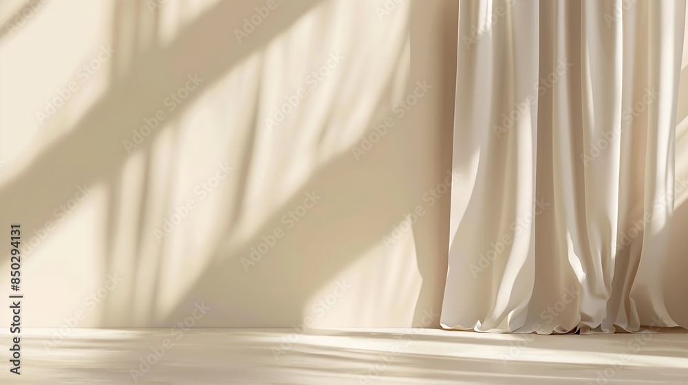 Poster Minimalistic abstract gentle light beige background for product presentation with light and shadow of window curtains on wall : Generative AI
